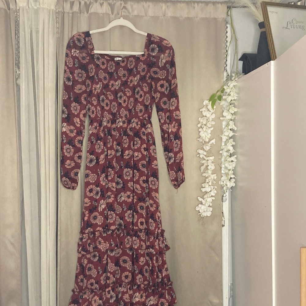 Rare Editions Burgundy Floral Long Sleeve Dress